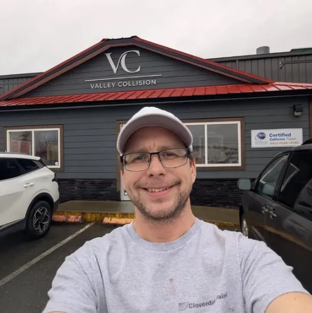 Rory in front of the Valley Collision building in Courtenay, BC